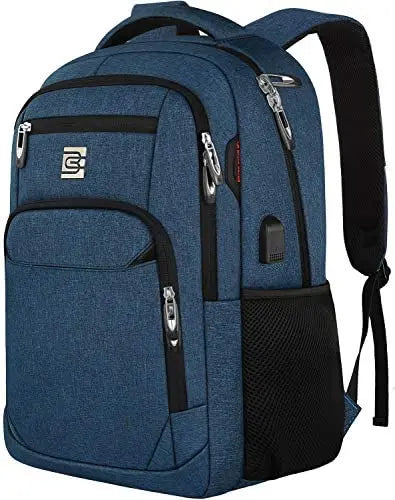 Dunkelblaue Slim-Laptop-Rucksack mit mehreren Fächern und sichtbarem USB-Ladeanschluss.