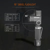 A black Nichiron 90° swivel flashlight is shown with specifications for Li-ion and AA batteries.