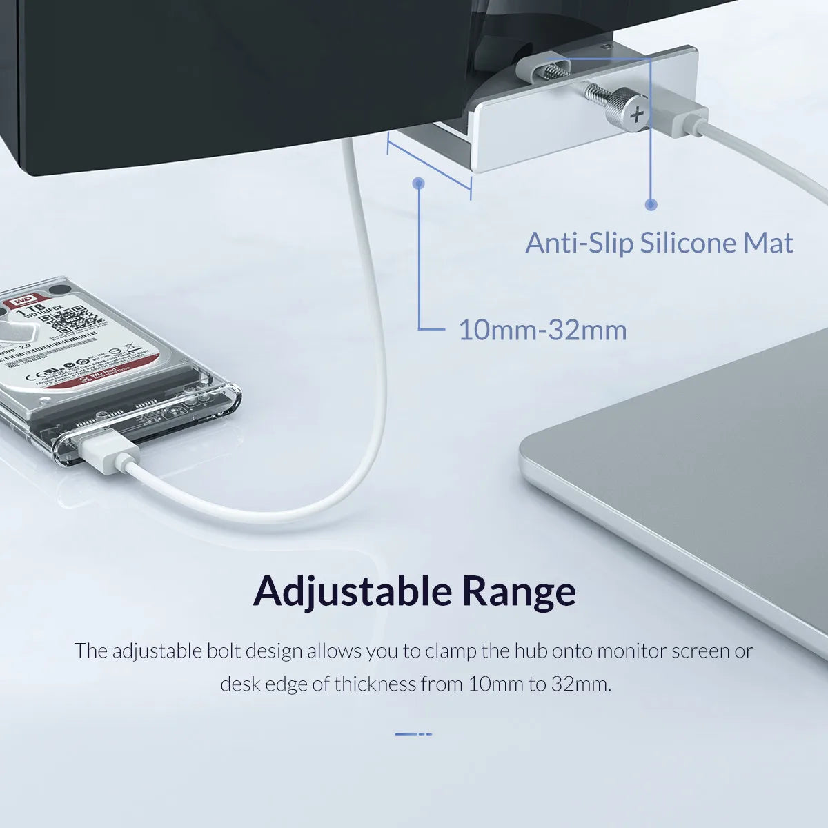 Aluminum USB 3.0 Hub with Clamp Mount for Desktops and Laptops
