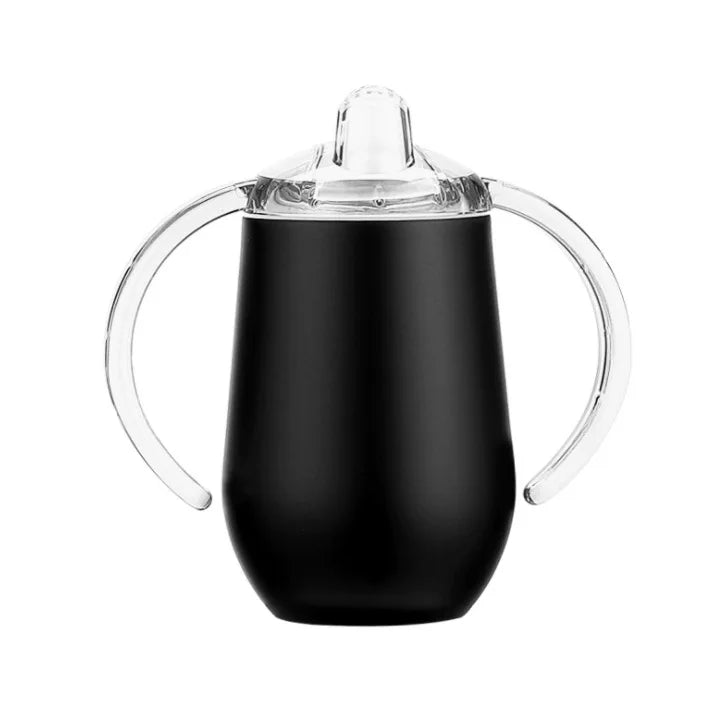 Tasse à sippy noire en acier inoxydable isolé avec couvercle et poignée transparente.