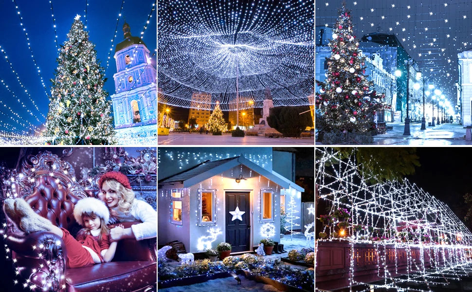 A collage of festive holiday lights, including a decorated Christmas tree, a glowing building, and string lights illuminating