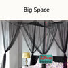 Black mosquito net bed canopy with sheer fabric draped over a bed, showing a 220cm height measurement.
