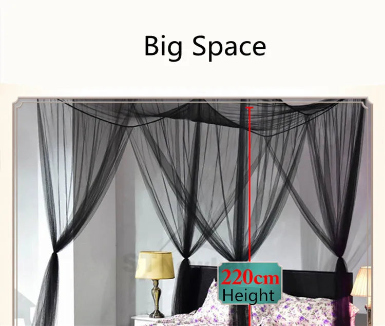 Black mosquito net bed canopy with sheer fabric draped over a bed, showing a 220cm height measurement.