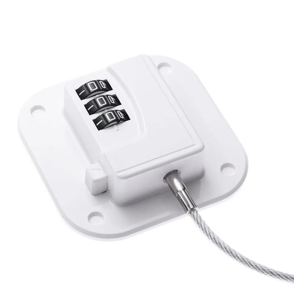 White child safety cabinet lock featuring a keypad and key access, mounted on a white plate.