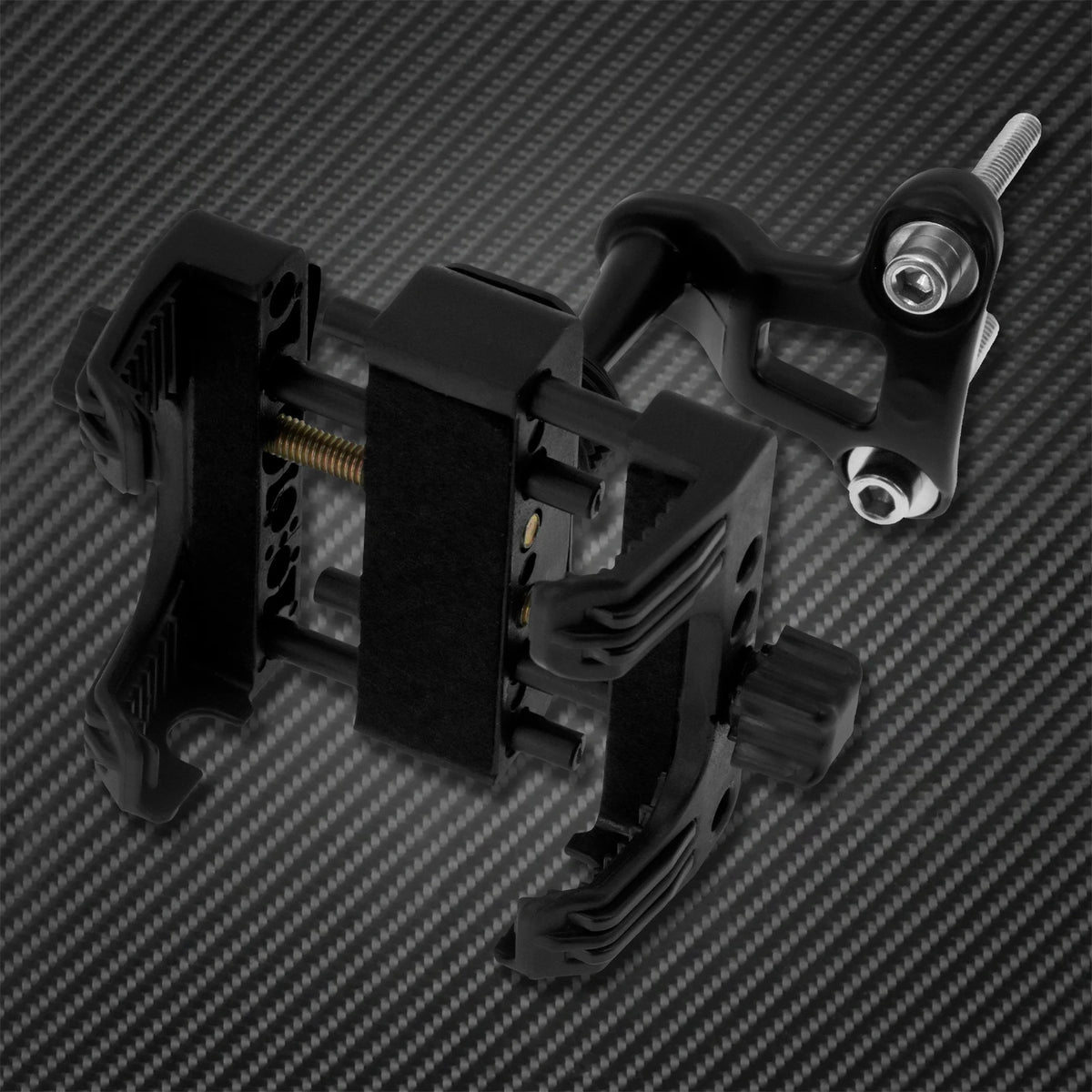 Black universal motorcycle handlebar phone mount for Harley-Davidson featuring a clamp and mounting hardware