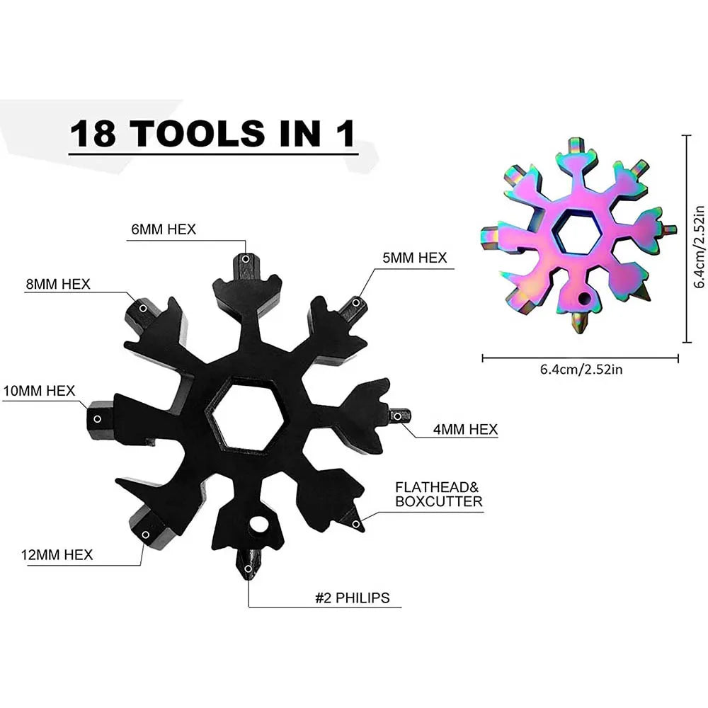 A set of 18 tools in one stainless steel snowflake multi-tool with various hex and box cutters.