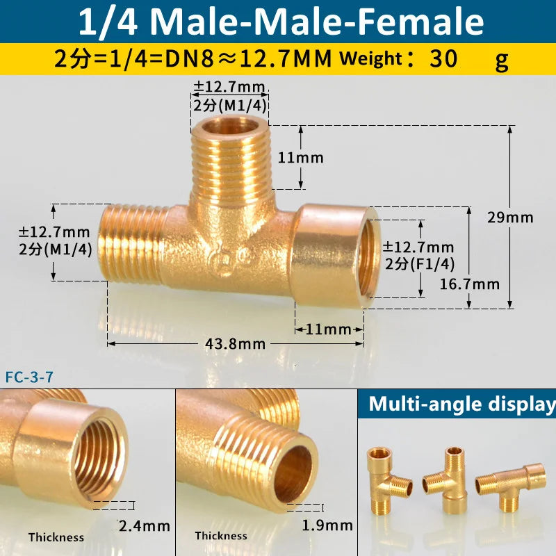 Brass BSP tee pipe fitting with male-male-female connections shown in various angles