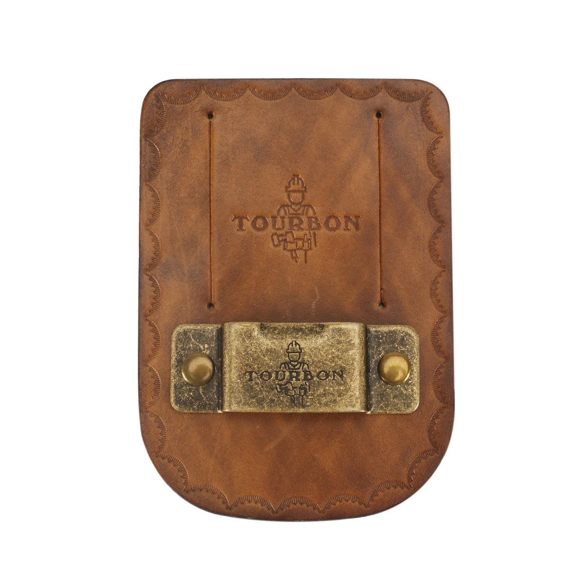 A brown leather tape measure holder with a metal belt clip and embossed Tourbon branding.
