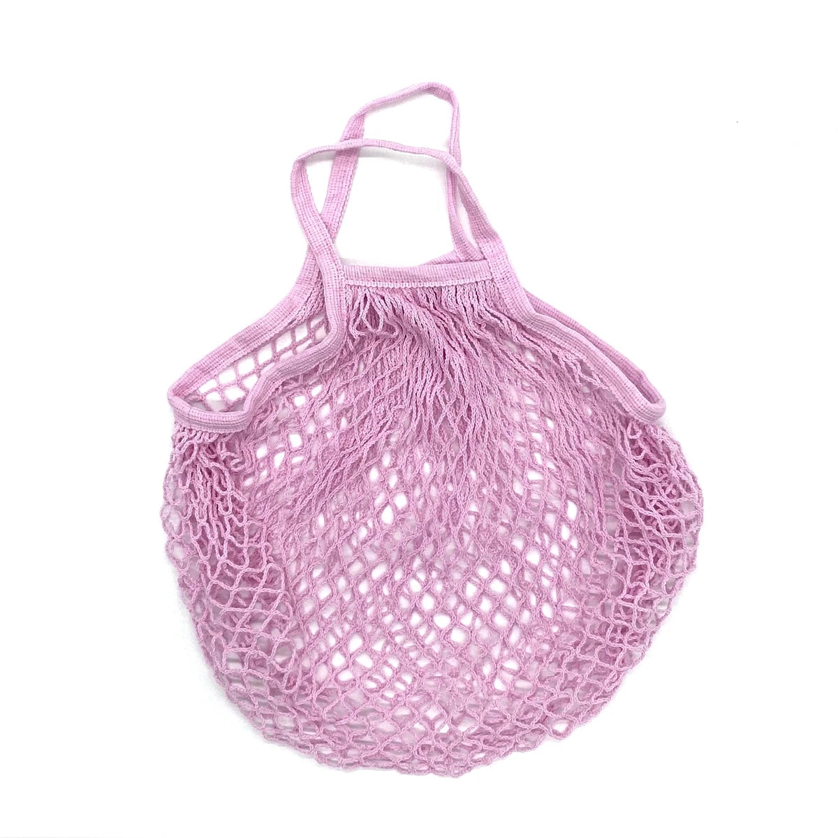 A pink organic cotton mesh produce bag with handles, showing a netted texture.