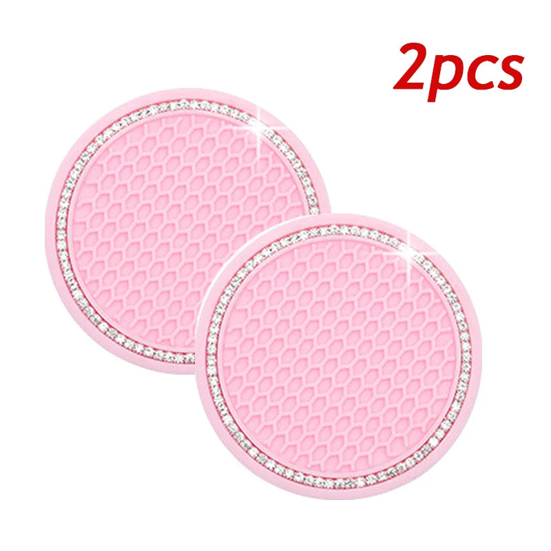 Two pink crystal rhinestone non-slip cup mats for cars