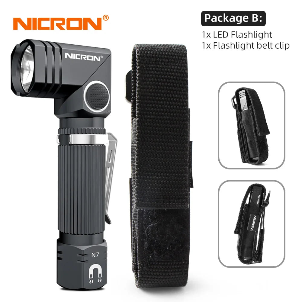A black Nikon N7 LED flashlight and a black flashlight belt clip are shown.
