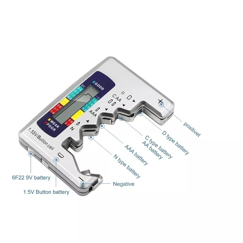 Universal Battery Tester with LCD Display for AA, AAA, 9V, and Button Cells
