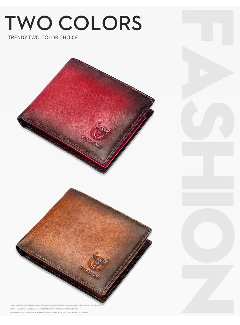 Two colors of RFID blocking genuine leather bifold wallets shown side by side.