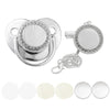 Silver sparkling rhinestone pacifier with clip for babies shown alongside various sizes