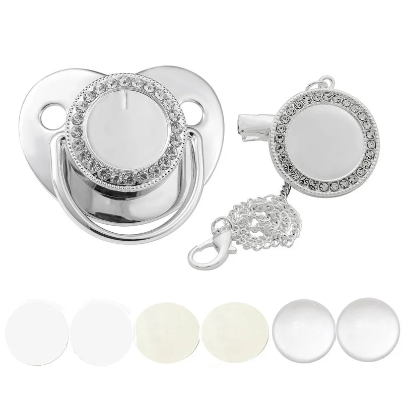 Silver sparkling rhinestone pacifier with clip for babies shown alongside various sizes
