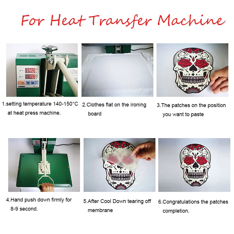 Instructions for using a heat transfer machine to apply iron-on patches onto fabric.