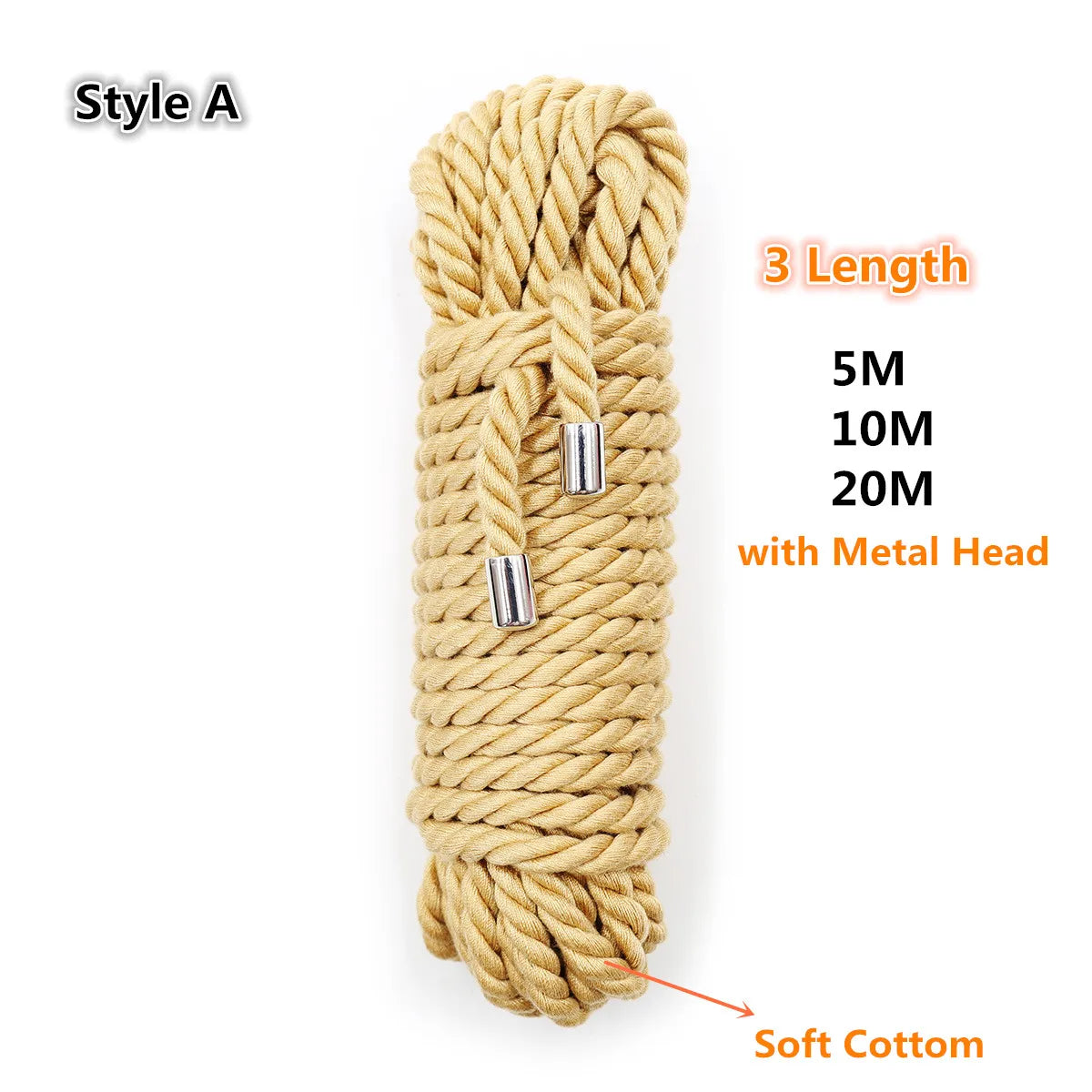 A bundle of natural beige soft cotton rope with a metal head, shown in a twisted style.