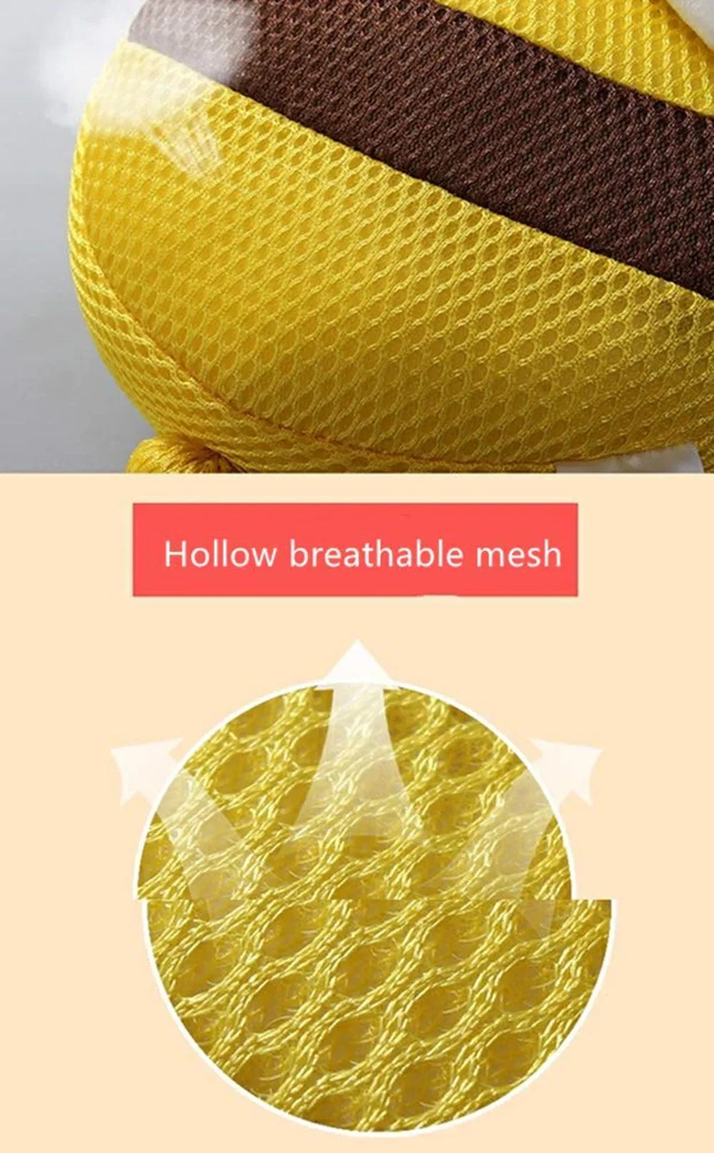 Close-up of a yellow and brown mesh toddler head protector backpack with breathable fabric.