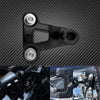 A black universal motorcycle handlebar phone mount is shown against a carbon fiber background.