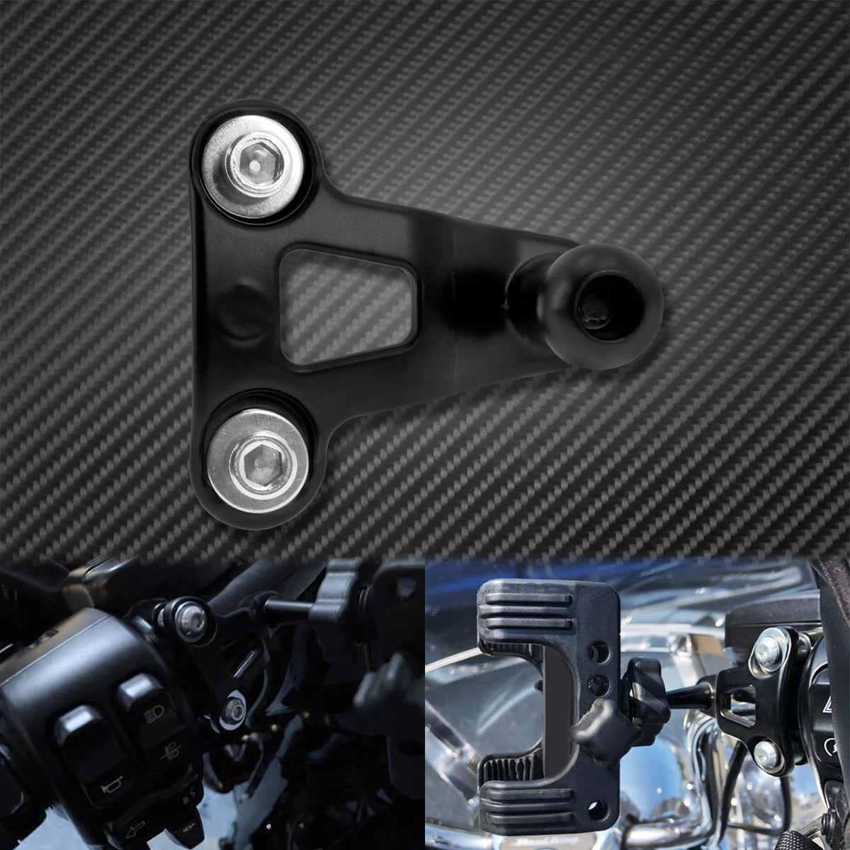 A black universal motorcycle handlebar phone mount is shown against a carbon fiber background.