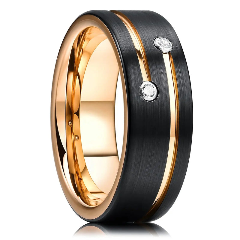 Men's Black Stainless Steel Wedding Band with Double Groove Detail