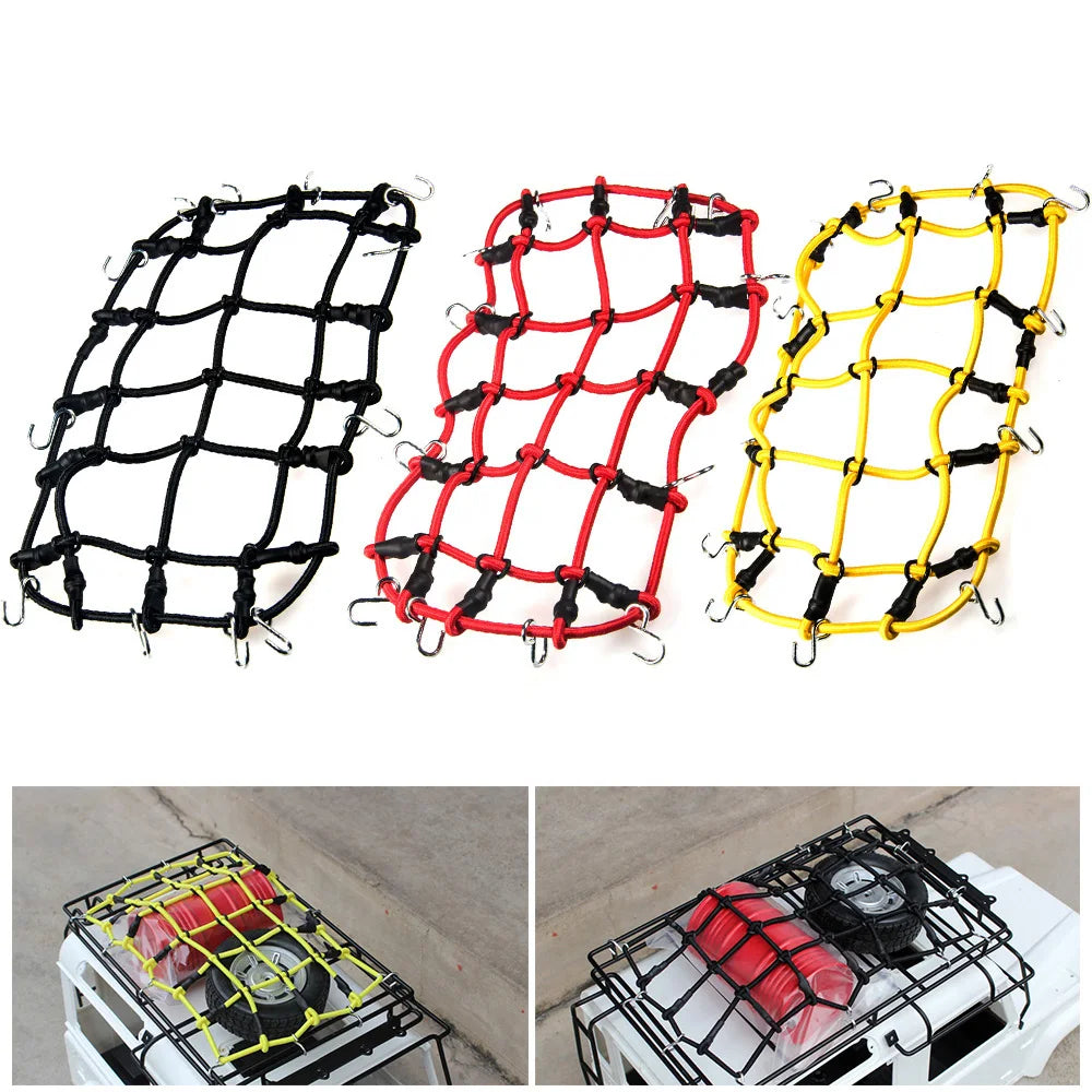 A set of 1/10 scale RC crawler decorations including a shovel, fire extinguisher, and oil drum in black, red, and yellow.