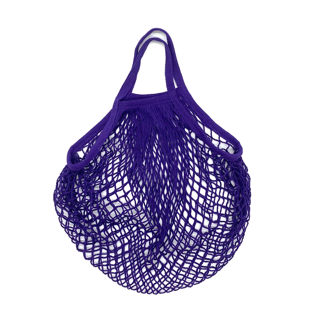 A purple mesh produce bag with handles, made of organic cotton, shown against a white background.