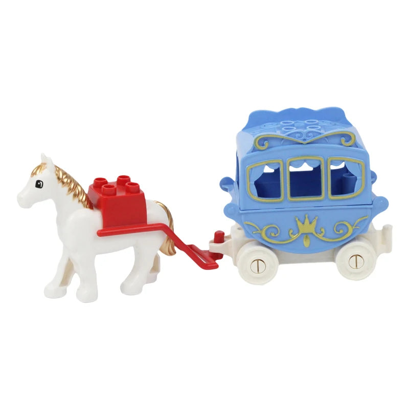A white horse figure pulling a blue vehicle with decorative elements and traffic signs.