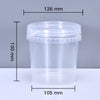 Clear plastic storage bucket with a tamper-evident lid, shown with dimensions.