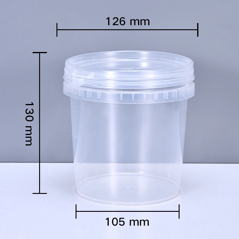 Clear plastic storage bucket with a tamper-evident lid, shown with dimensions.