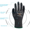 A black work glove featuring a micro foam nitrile dipped palm, cut protection, and elastic knitted cuff.