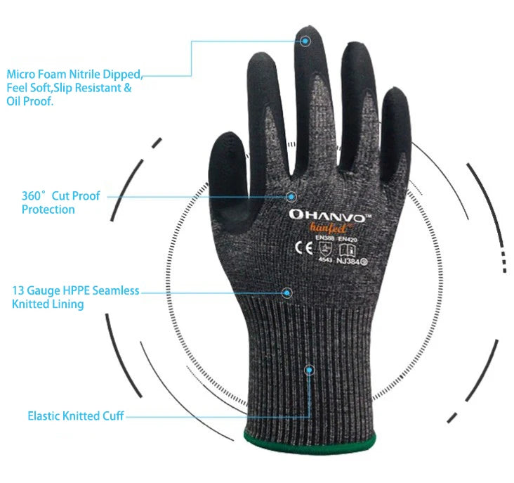 A black work glove featuring a micro foam nitrile dipped palm, cut protection, and elastic knitted cuff.