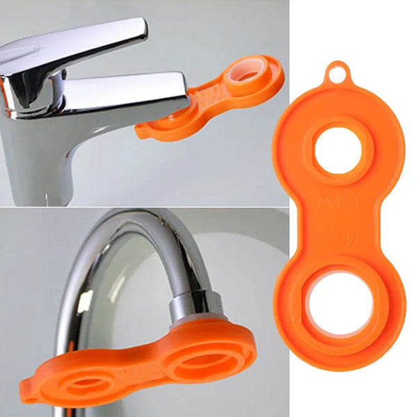 Orangefarbenes Dichtwerkzeug zum Entfernen von Wasserhahn-Aeratoren mit verschiedenen Teilen und Anwendungen.