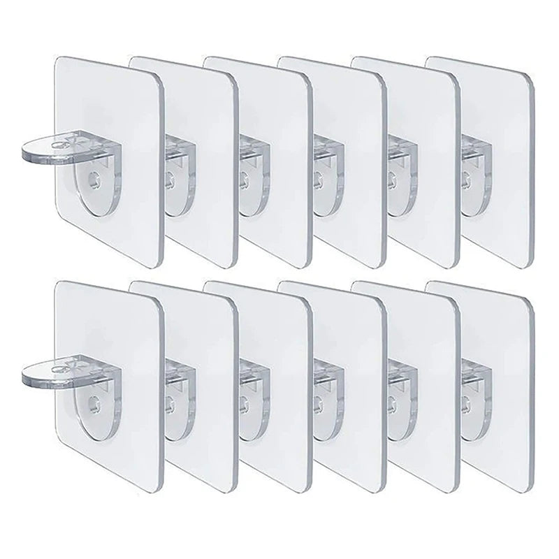 A set of ten clear adhesive shelf support pegs with silver mounting plates.