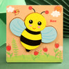 A wooden puzzle set featuring a yellow bee character with blue wings and surrounding floral elements.