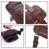 A vintage brown leather multi-pocket waist bag shown in various angles and details.
