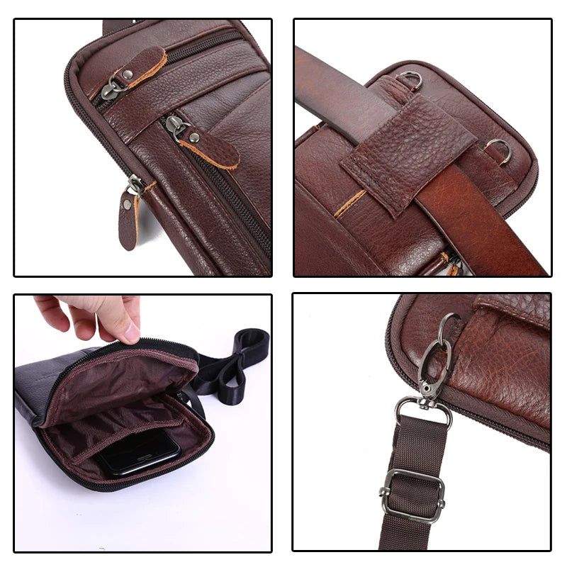 A vintage brown leather multi-pocket waist bag shown in various angles and details.