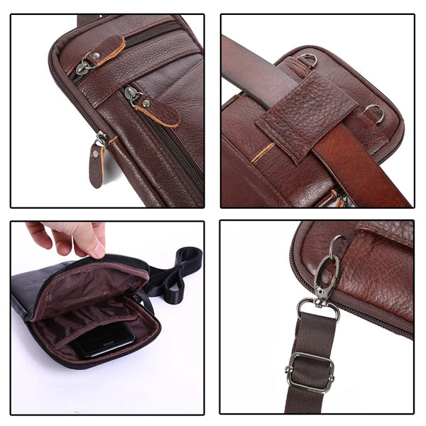 A vintage brown leather multi-pocket waist bag shown in various angles and details.