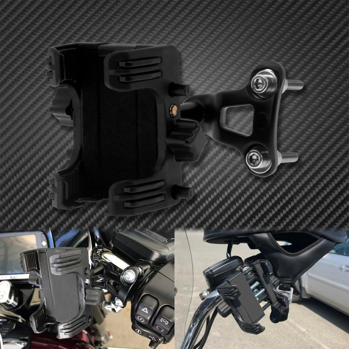 Black universal motorcycle handlebar phone mount designed for Harley-Davidson