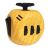 A wooden 12-sided fidget cube with a black top and textured sides.