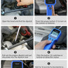 A five-step guide showing how to use a digital engine oil and brake fluid quality tester on a vehicle.