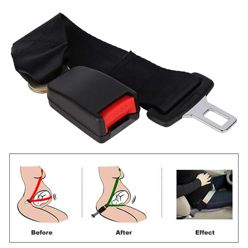 Black seat belt extender with a metal buckle showing before and after results for car seatbelt lengthening