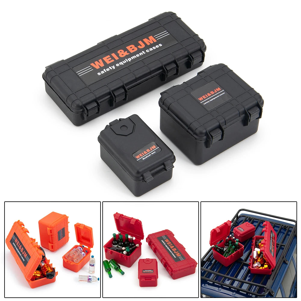 A set of 1/10 scale RC crawler decorations including a shovel, fire extinguisher, and oil drum.
