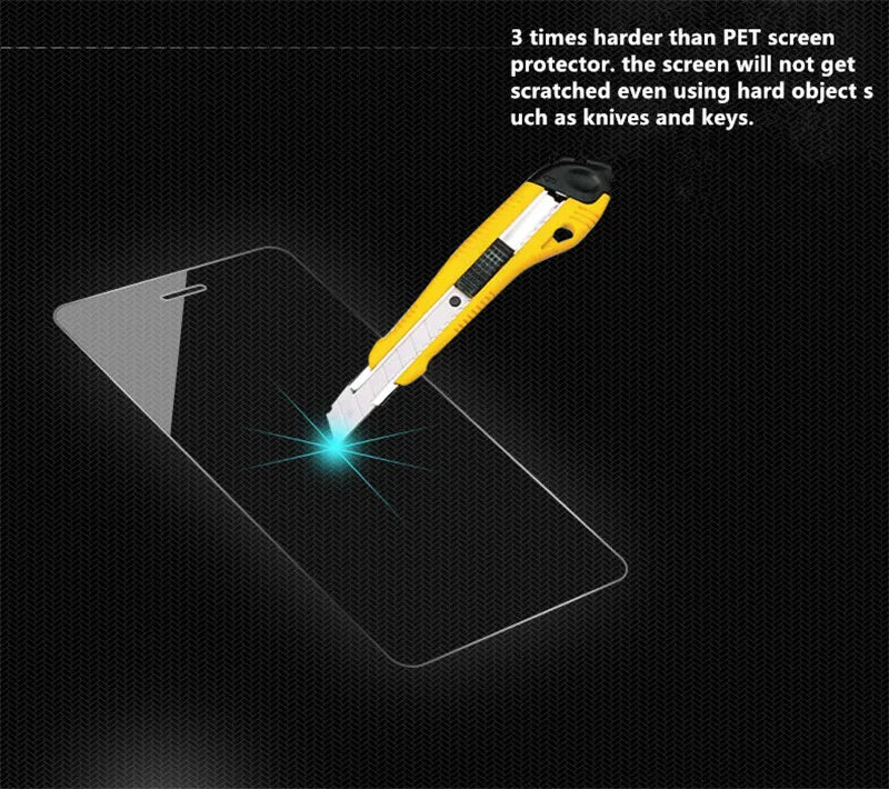 A yellow tool is applying a protective layer to a tablet screen, demonstrating the screen protector's hardness.