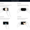 Four steps illustrating how to easily install a T-Mobile Revvl Tab screen protector using a plastic film and tempered glass.