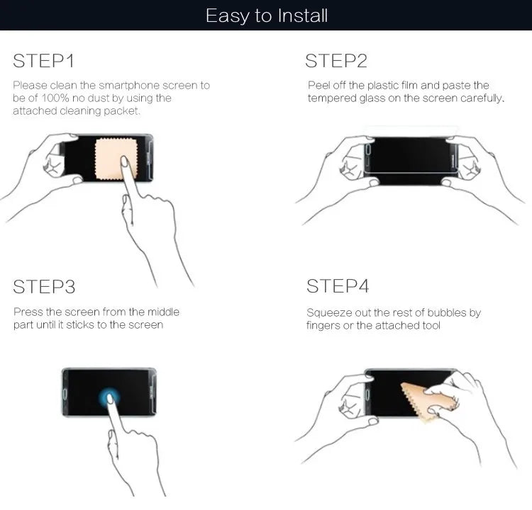 Four steps illustrating how to easily install a T-Mobile Revvl Tab screen protector using a plastic film and tempered glass.