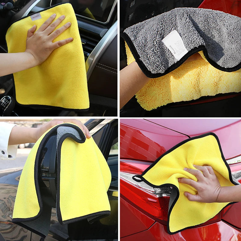 Yellow microfiber car care towel being used to clean a car surface.