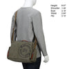 A gray long-sleeved shirt model is shown carrying a brown canvas messenger bag with an embossed logo.