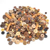 Assortment of eco-friendly wooden buttons in various natural and dark earth tones for sewing and crafts