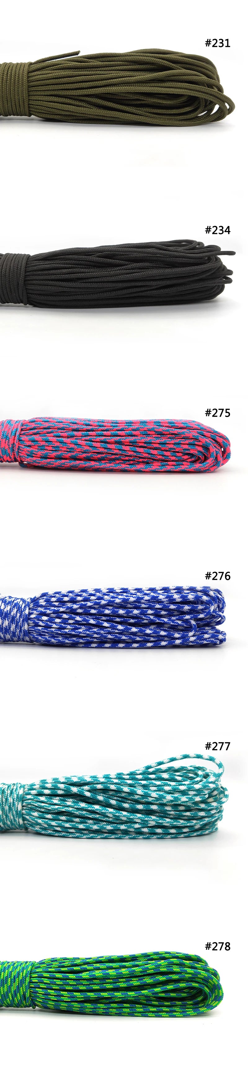 A collection of multi-colored paracord ropes in various colors including olive green, black, red, blue, and teal.